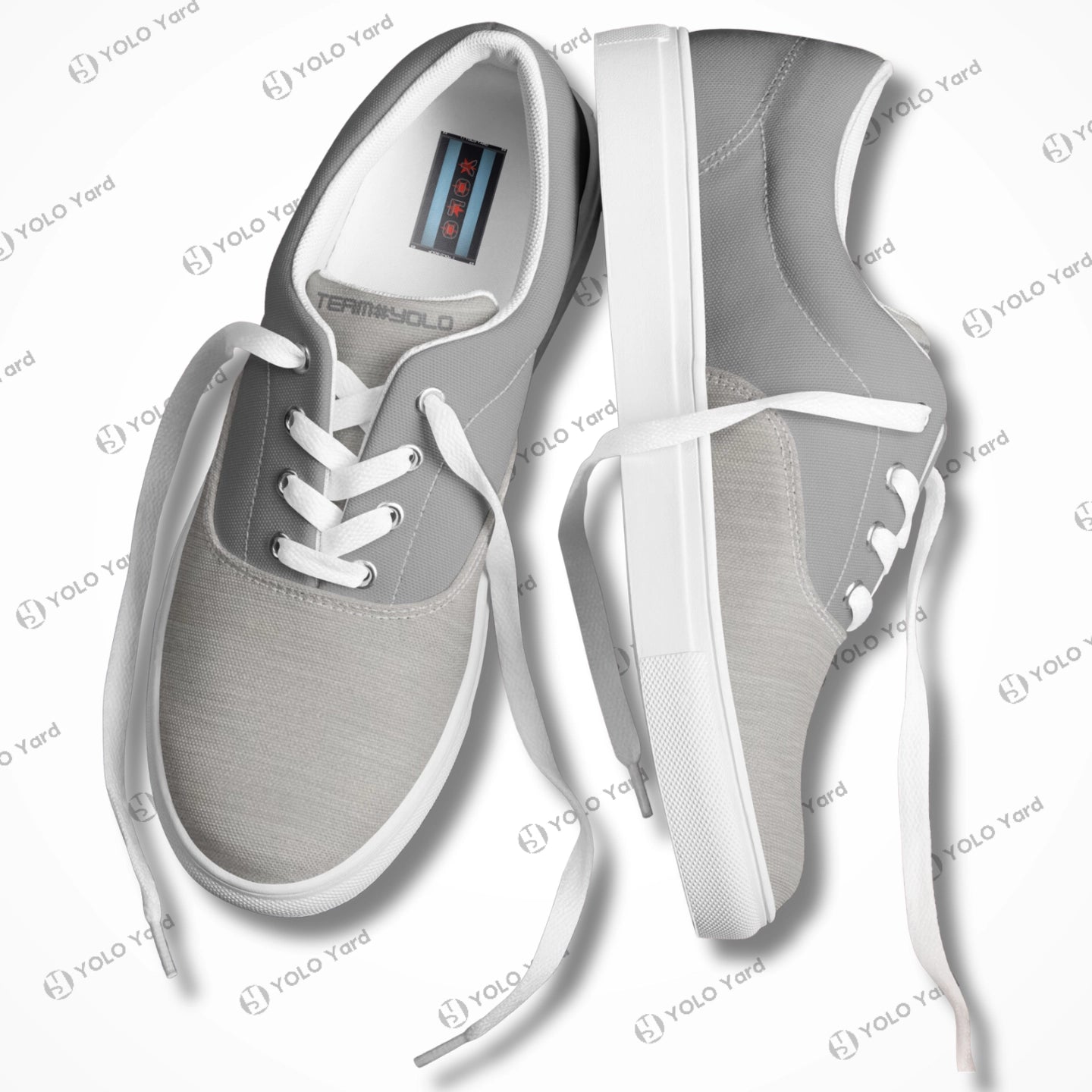 The Edgewalker 1 Team #YOLO trendy sneakers canvas shoes in heather gray with white laces and soles, showcasing a casual and versatile design.k