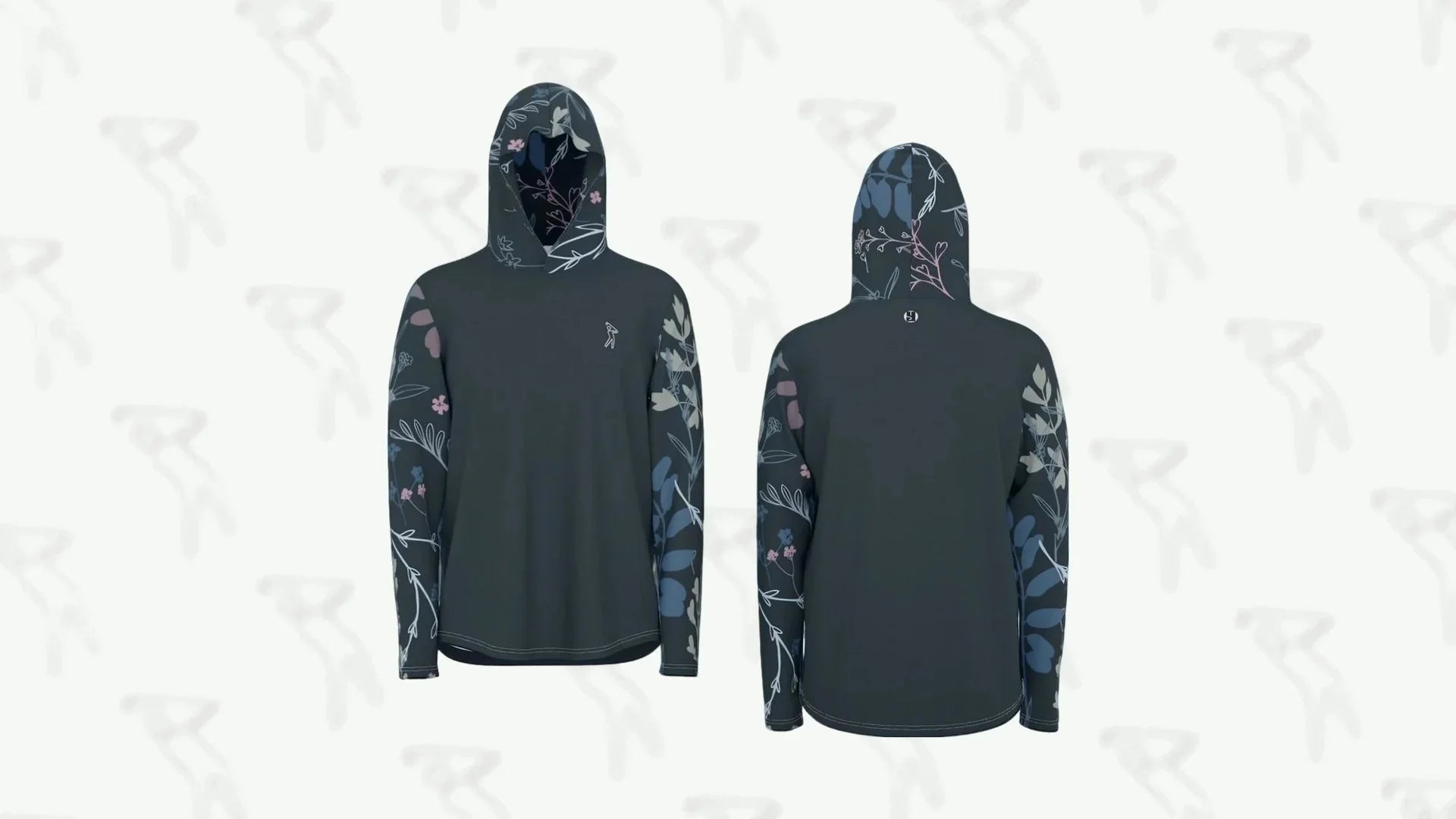 Floral-patterned dark green hoodie with long sleeves and a relaxed fit, featuring a nature-inspired design on the hood and sleeves.