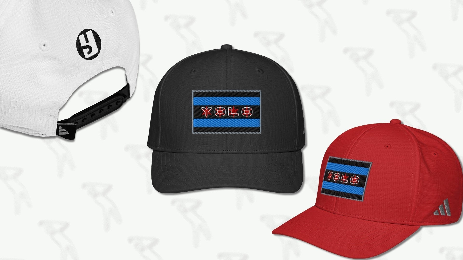 #YOLO golf sportswear caps in white, black, and red with bold embroidered designs.