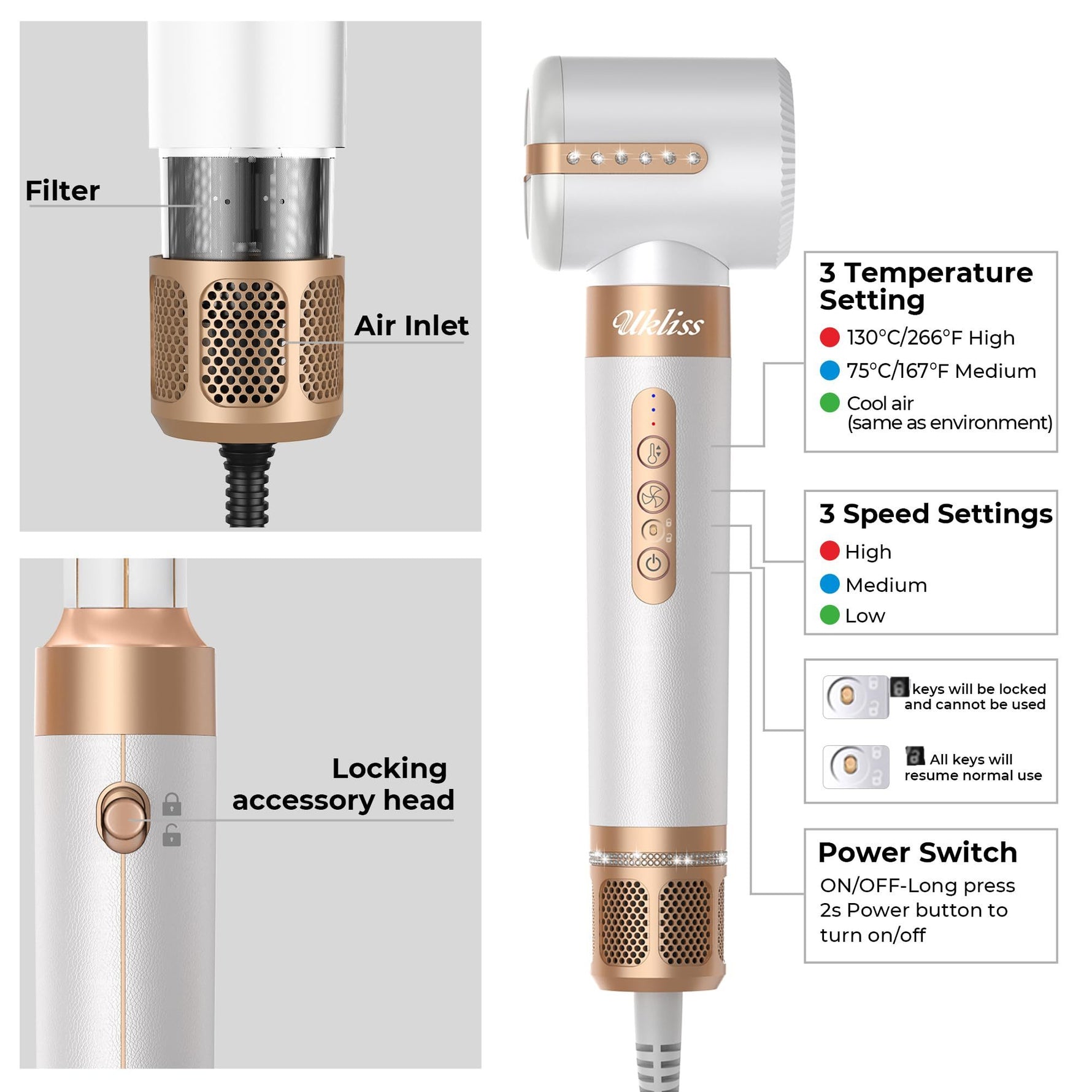 Detailed view of Magic Styler Pro 7-in-1 hair dryer brush with temperature settings, speed controls, and locking accessory head.