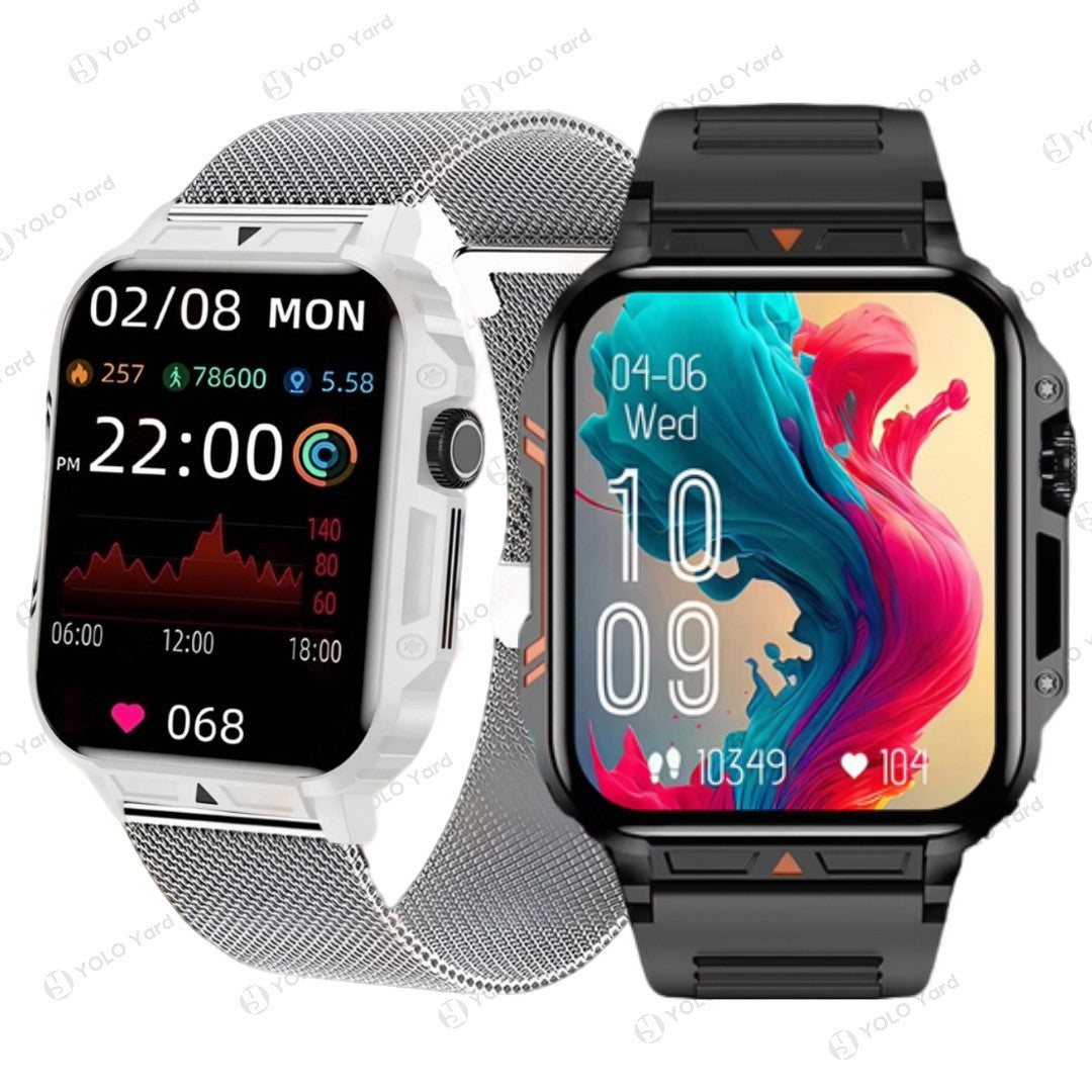 1.95-inch large full-touch display smart watch with health monitoring features, shown in black and white variants with vibrant screens.