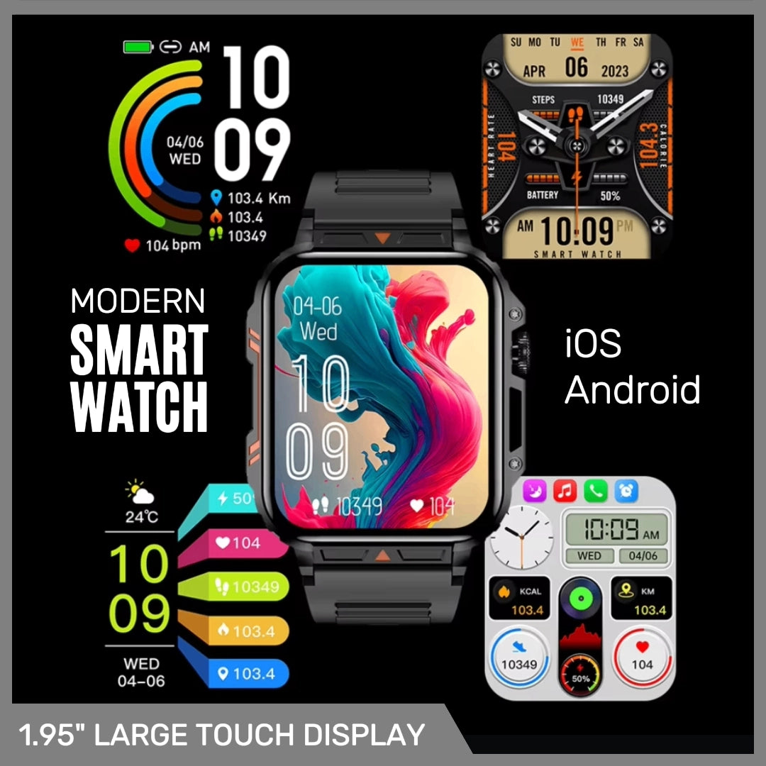 Modern smart watch with 1.95-inch touch display, iOS and Android compatibility, customizable watch faces, and health tracking features.