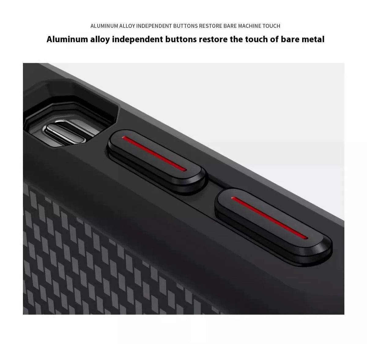 Close-up of aluminum alloy independent buttons on SecureGrip Carbon 360 iPhone case, designed for a bare metal touch experience.