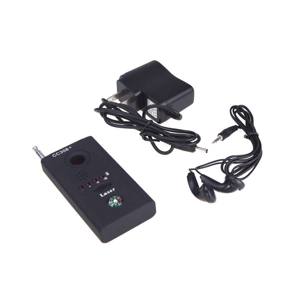 SafeScan Wireless Signal Bug Detector with included accessories: charger, earphones, and cables for enhanced functionality.