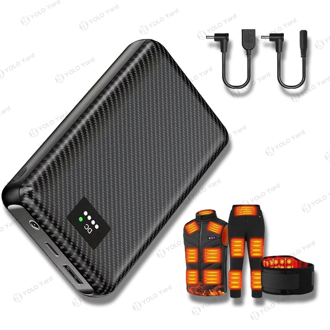 40000mAh high-capacity power bank with carbon fiber design, compatible with USB and 7.4V DC heated jackets, vests, and gloves.