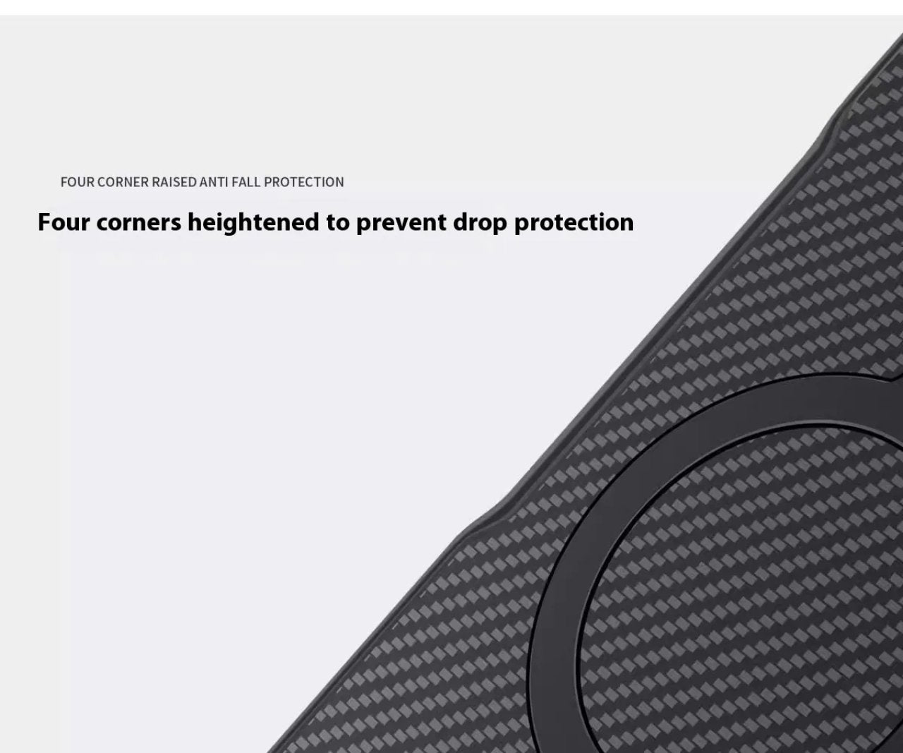 Close-up of SecureGrip Carbon 360 iPhone case with four-corner raised anti-fall protection and carbon fiber texture.