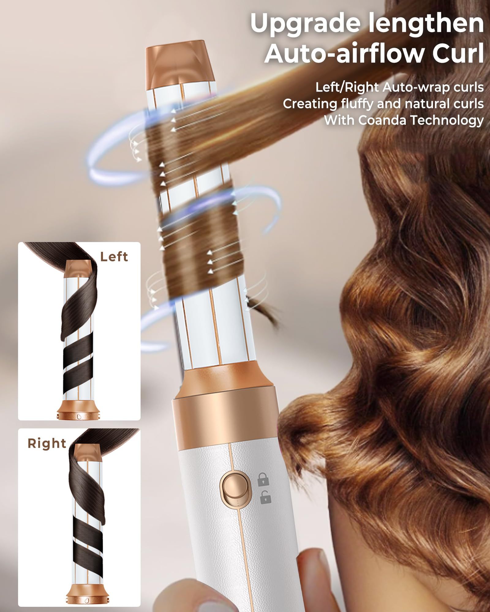 Upgrade lengthen auto-airflow curl feature of Magic Styler Pro 7-in-1 hair dryer brush for natural and fluffy curls using Coanda technology.