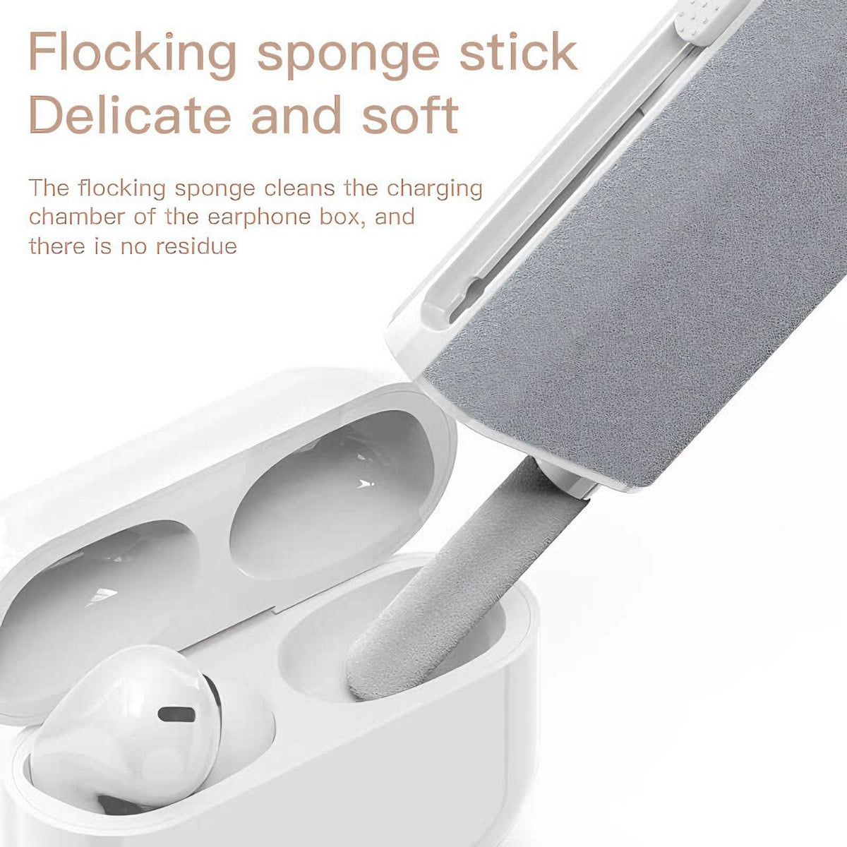 Close-up of the flocking sponge tool cleaning an earphone charging case, demonstrating its precision and residue-free cleaning ability.