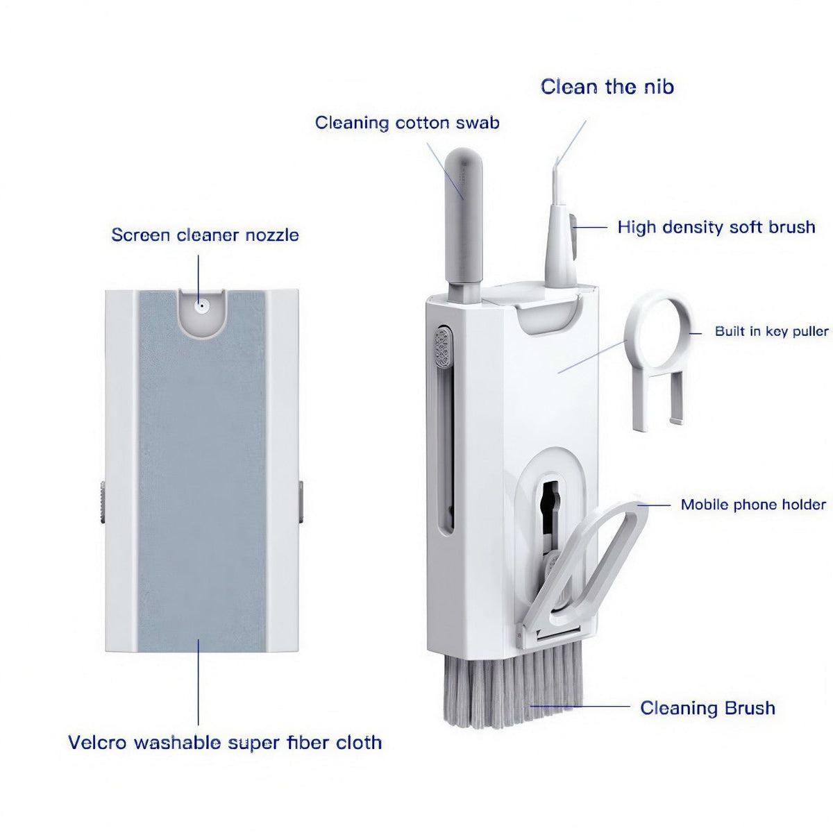 Detailed breakdown of the 8-in-1 cleaning kit functions, including a screen cleaner nozzle, soft brush, key puller, and washable microfiber cloth.