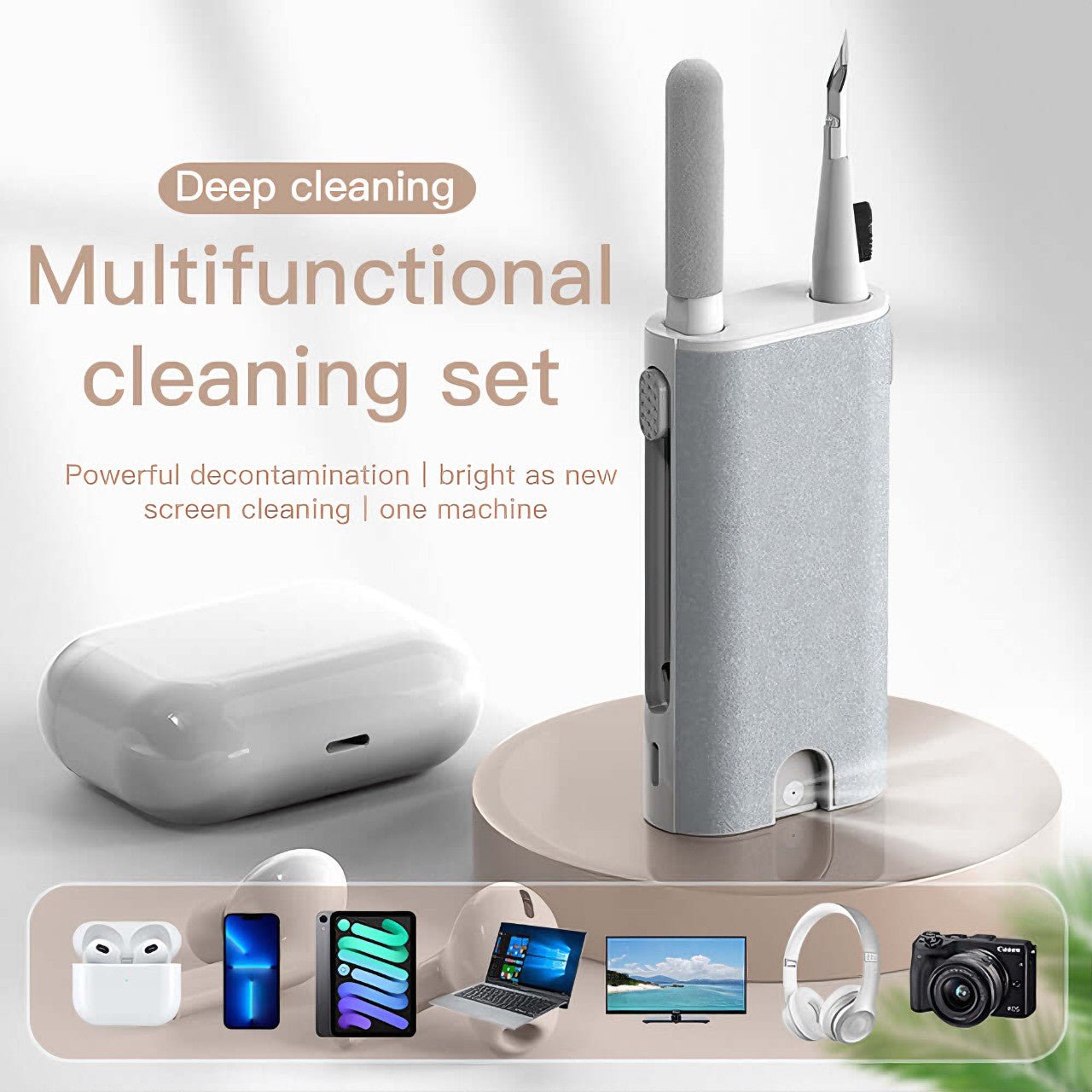 Multifunctional cleaning kit displayed with various devices like AirPods, smartphones, laptops, and cameras, emphasizing its versatility.