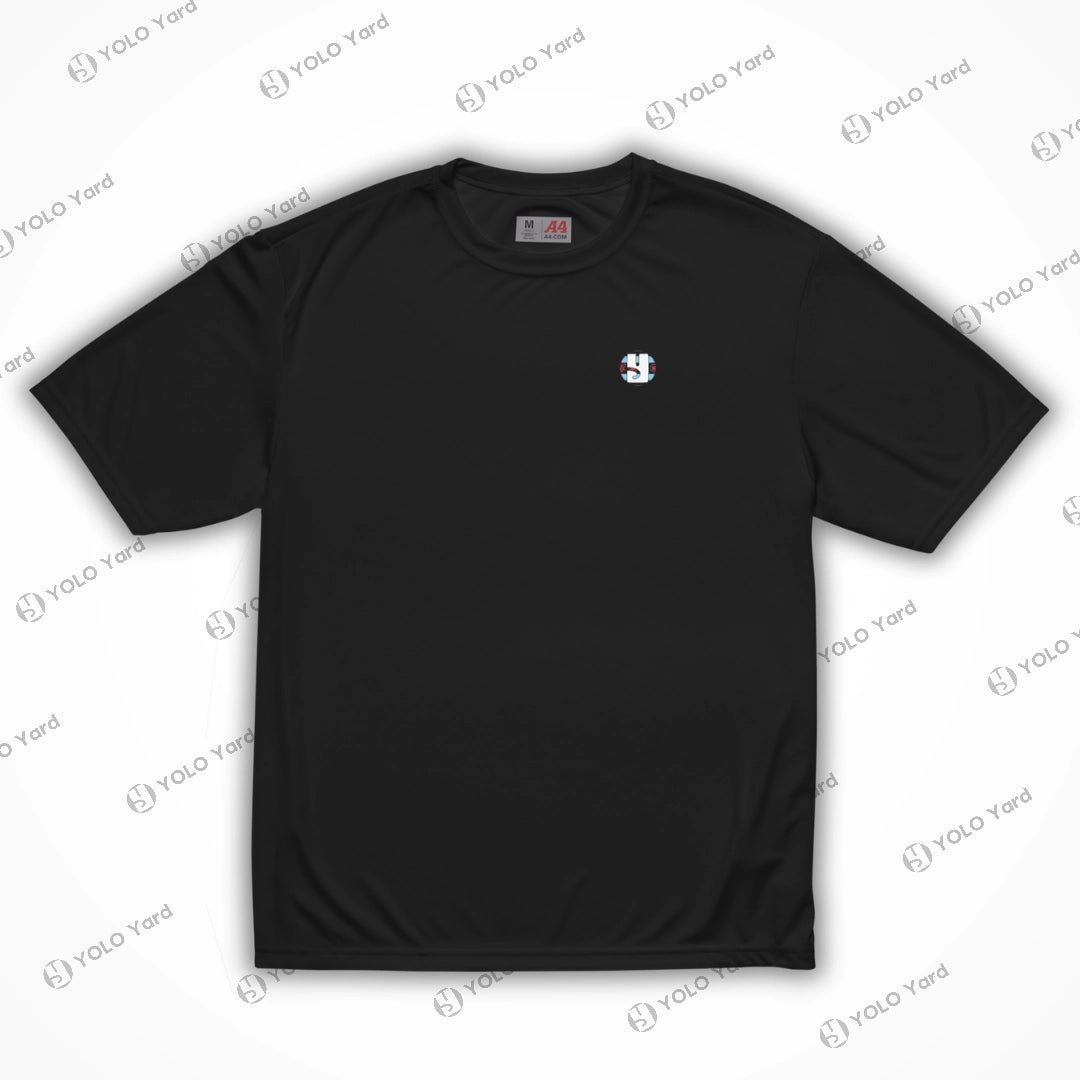 Black Cool-Fit Quick-Dry Athletic Tee Shirt with moisture-wicking fabric and small chest logo for versatile activewear.