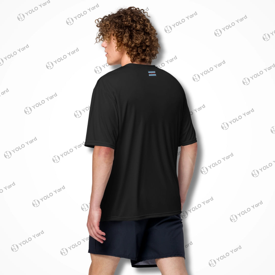 Back view of black Cool-Fit Quick-Dry Athletic Tee Shirt on a male model, featuring a relaxed fit and moisture-wicking fabric.