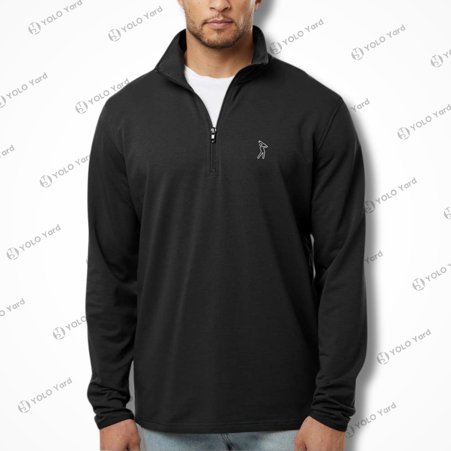 Model wearing the Competitor 4-Way Stretch Quarter-Zip Pullover in black, showcasing its athletic fit and YOLO Golf logo embroidery.