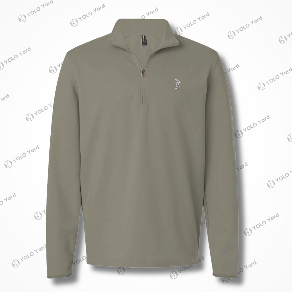 Flat lay of the Competitor 4-Way Stretch Quarter-Zip Pullover in olive green, featuring YOLO Golf logo embroidery and a sleek design.