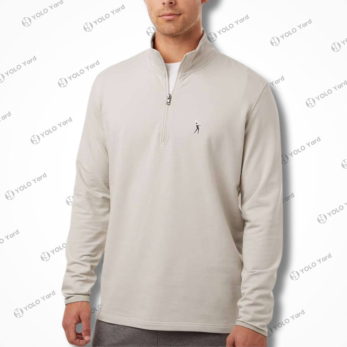 Front view of the Competitor 4-Way Stretch Quarter-Zip Pullover in beige, featuring YOLO Golf logo embroidery and a comfortable fit.