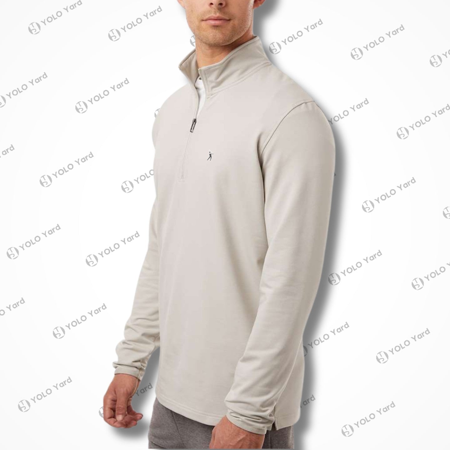 Side view of the Competitor 4-Way Stretch Quarter-Zip Pullover in beige, highlighting its sleek design and premium fabric.