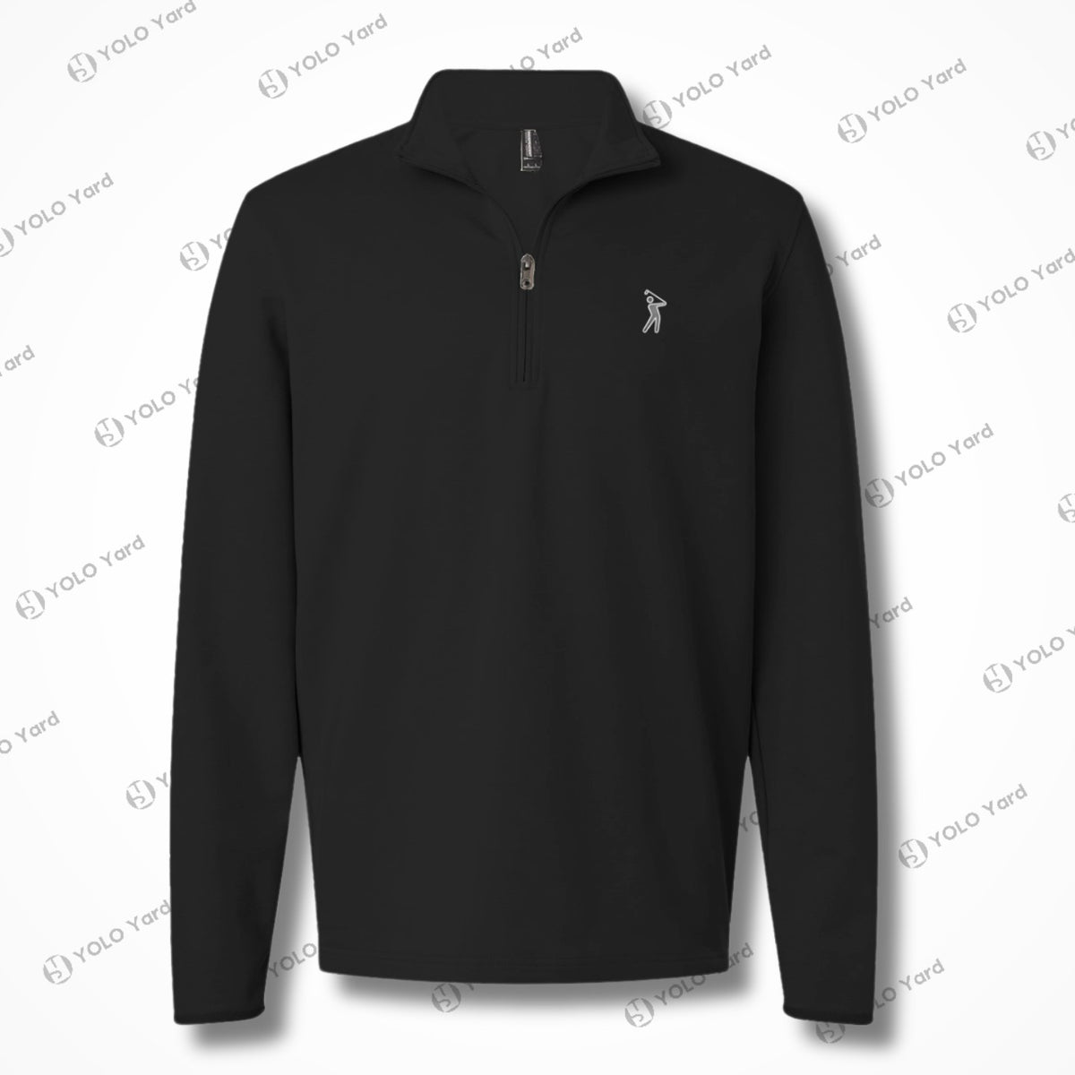 Flat lay of the Competitor 4-Way Stretch Quarter-Zip Pullover in black, showcasing its sleek design and YOLO Golf logo embroidery.