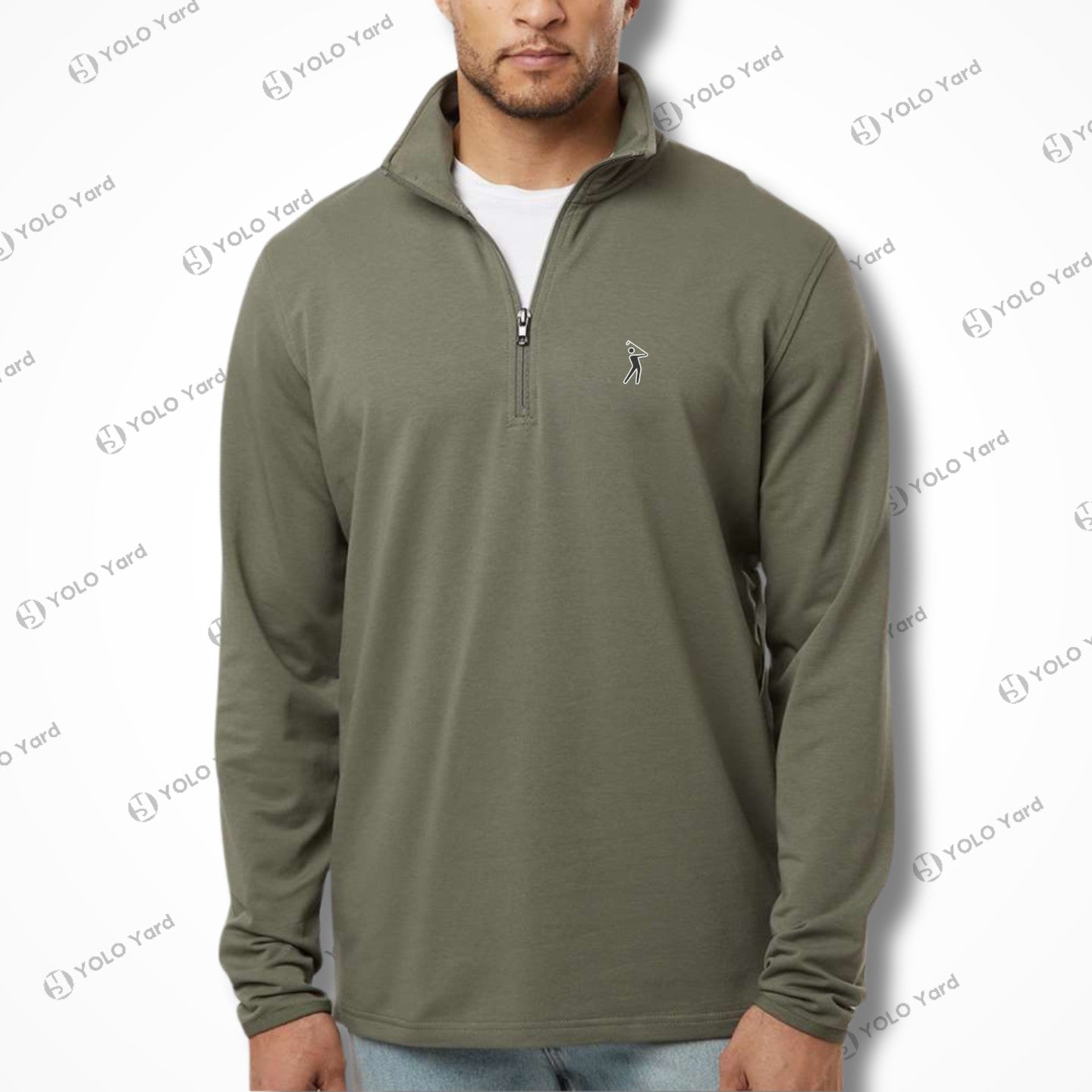 Model wearing the Competitor 4-Way Stretch Quarter-Zip Pullover in olive green, showcasing its versatile and stylish design.