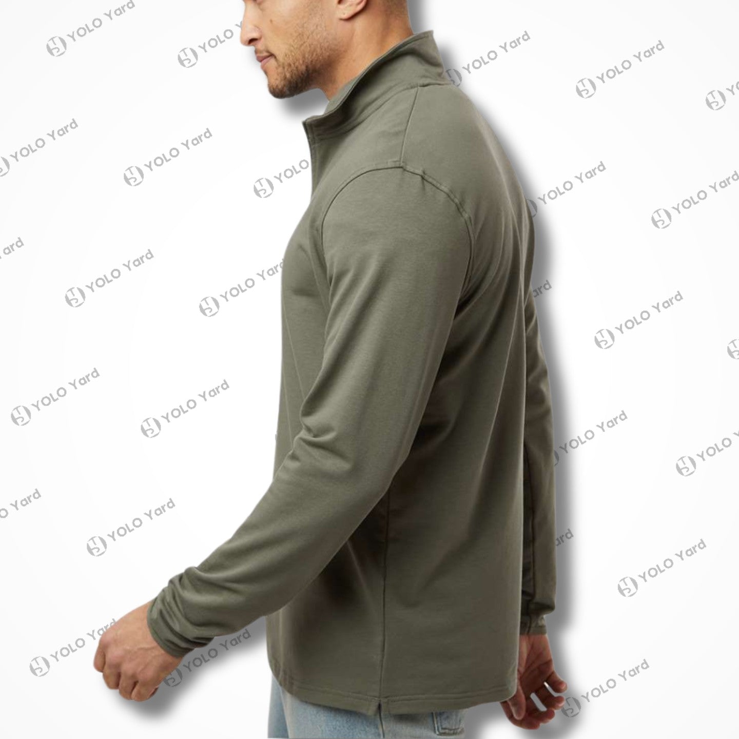 Side profile of the Competitor 4-Way Stretch Quarter-Zip Pullover in olive green, highlighting its athletic fit and durable fabric.