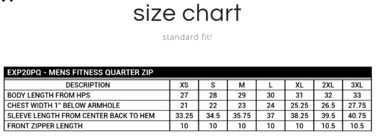 Size chart for the Competitor 4-Way Stretch Quarter-Zip Pullover, detailing measurements for XS to 3XL in body length, chest width, and sleeve length.