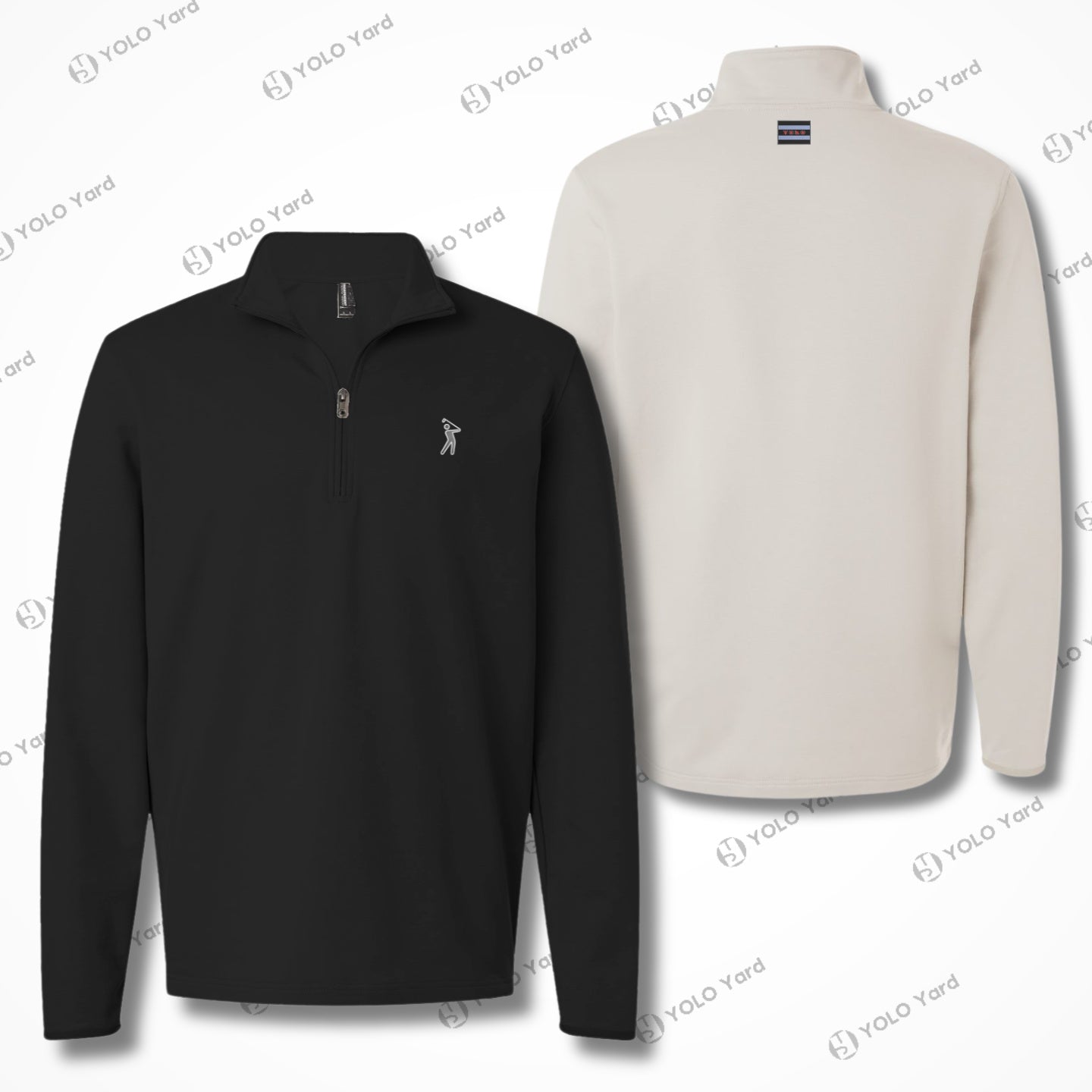 Front and back view of the Competitor 4-Way Stretch Quarter-Zip Pullover in black and beige, featuring YOLO Golf logo embroidery.