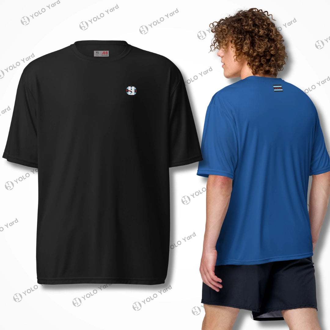 Cool-Fit Quick-Dry Athletic Tee Shirt in black and blue, featuring lightweight fabric and relaxed fit for activewear enthusiasts.