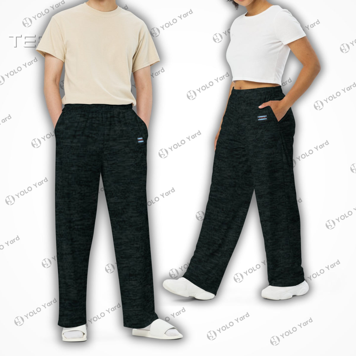 Dark Matter Wide-Leg Baggy Joggers in stretch jersey fabric, modeled by a man and woman, showcasing a relaxed fit with side pockets.