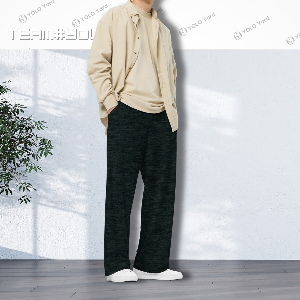 Dark Matter Wide-Leg Baggy Joggers styled with a beige button-up shirt, highlighting the casual and comfortable aesthetic.