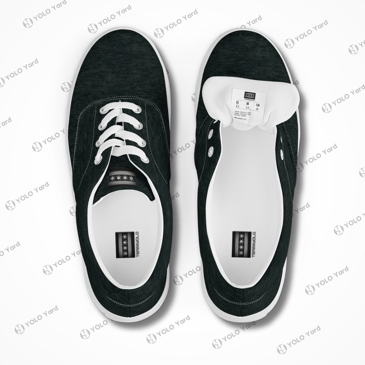 Edgewalker 2 men's black canvas sneakers with white laces, breathable lining, and EVA rubber outsole. Stylish Team YOLO edition for casual wear.