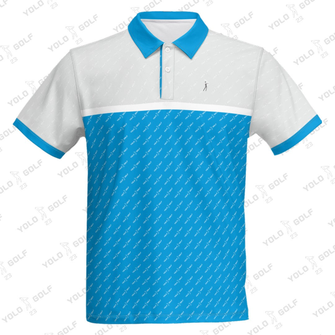 Front view of Electric Sky Eco-Tee polo shirt by YOLO Golf, featuring a white and blue design with a golfer logo and moisture-wicking fabric.