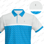 Front view of Electric Sky Eco-Tee polo shirt by YOLO Golf, highlighting the golfer logo, white and blue color-block design, and YOLO branding.