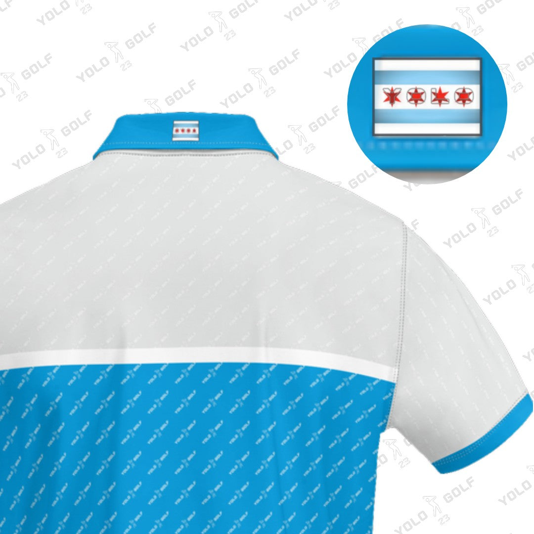 Back view of Electric Sky Eco-Tee polo shirt by YOLO Golf, showcasing a white and blue design with a Chicago-inspired YOLO flag detail on the collar.