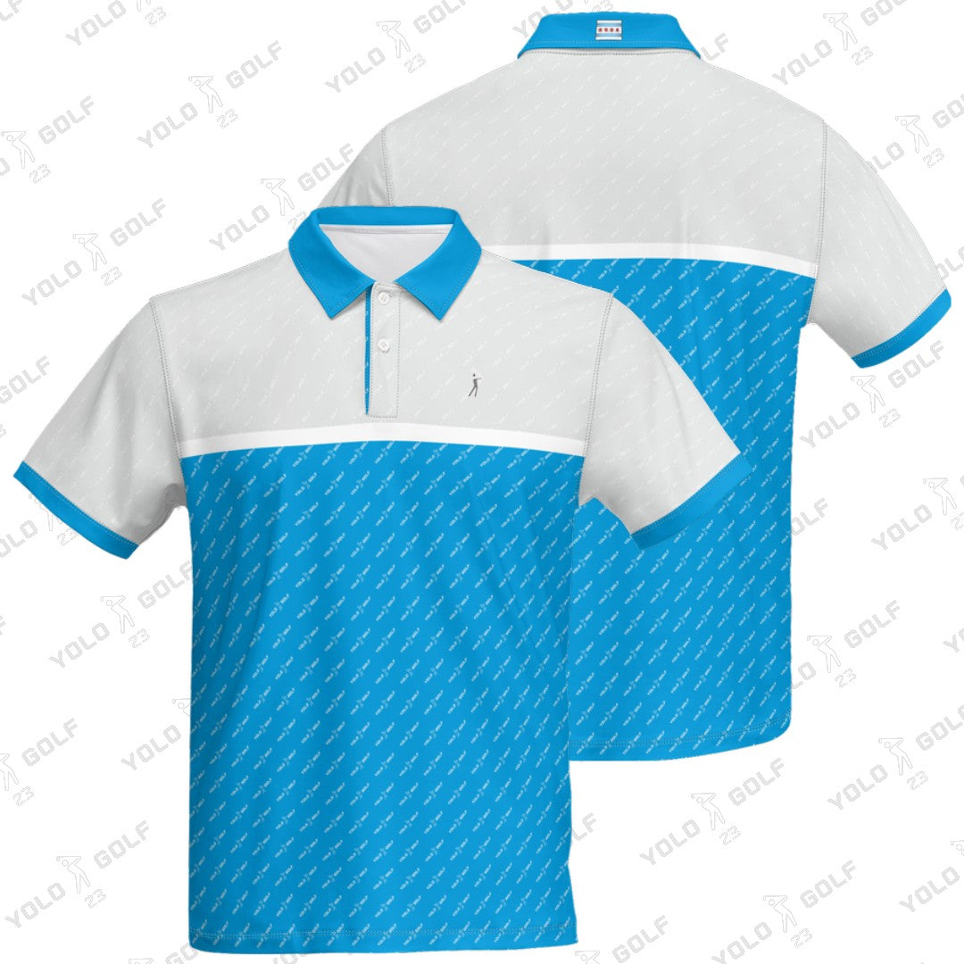 Electric Sky Eco-Tee short-sleeve polo shirt by YOLO Golf, featuring a white and blue design with a golfer logo and all-over YOLO branding.