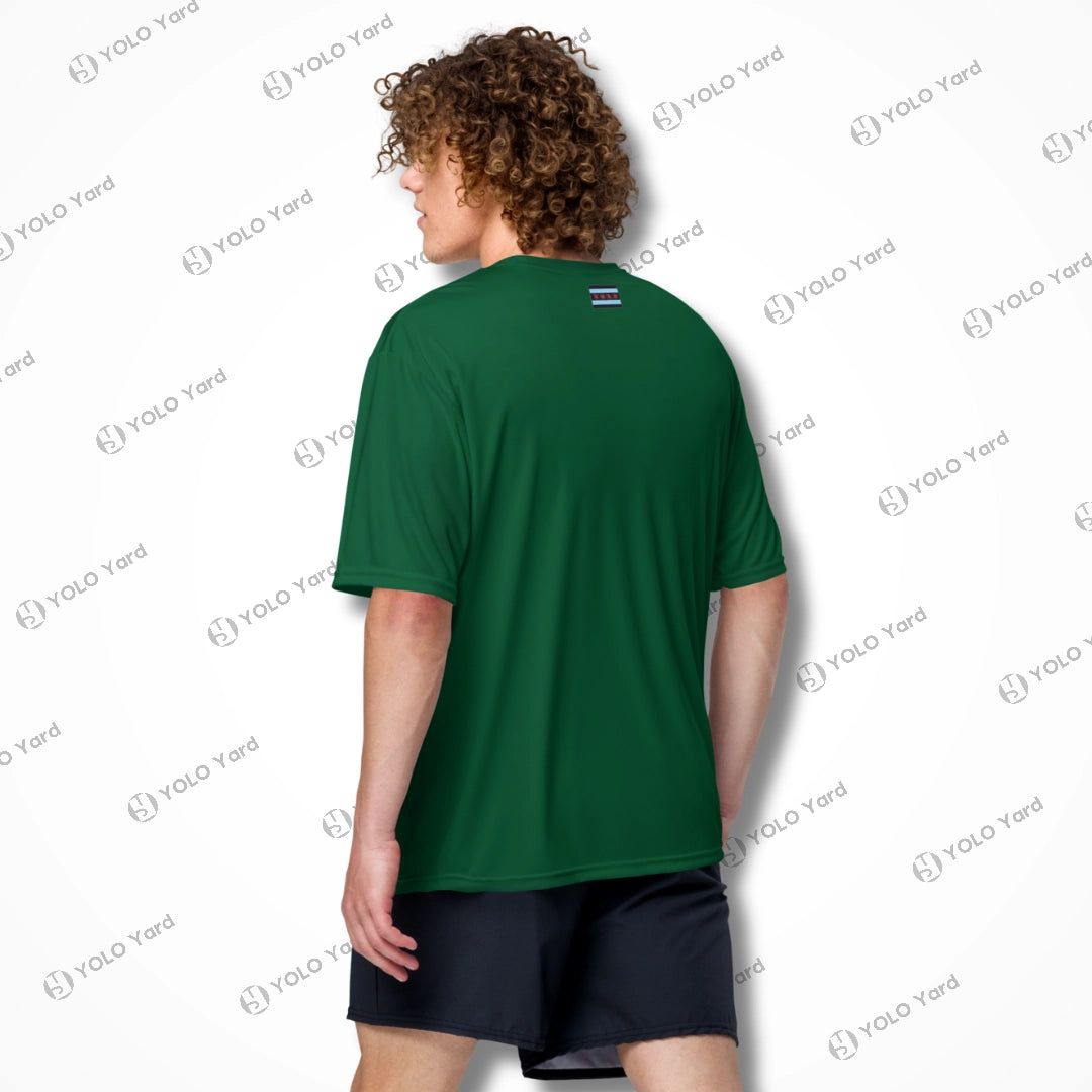 Back view of green Cool-Fit Quick-Dry Athletic Tee Shirt on a male model, featuring a relaxed fit and moisture-wicking fabric.