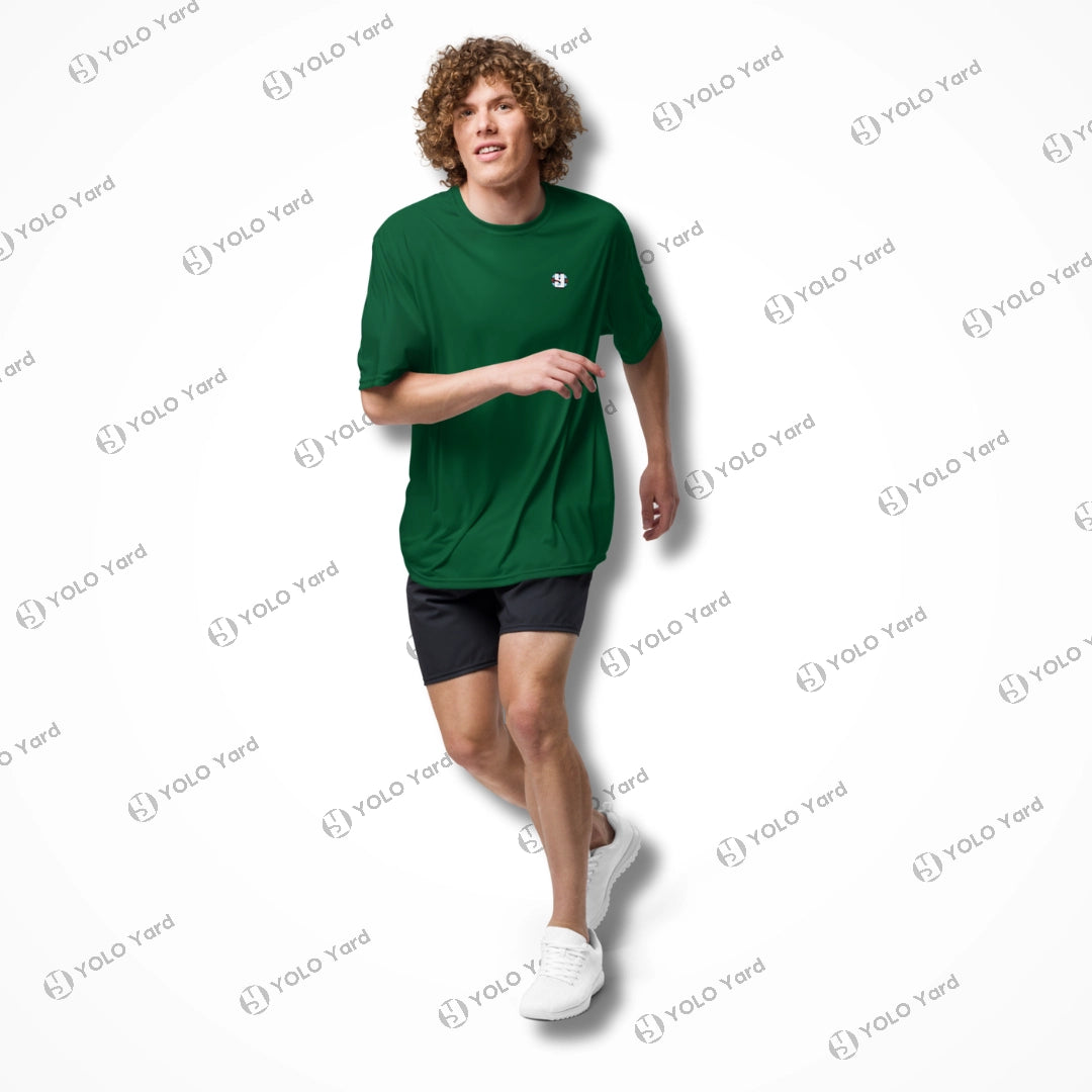 Model wearing green Cool-Fit Quick-Dry Athletic Tee Shirt while running, showcasing its lightweight and quick-dry properties.