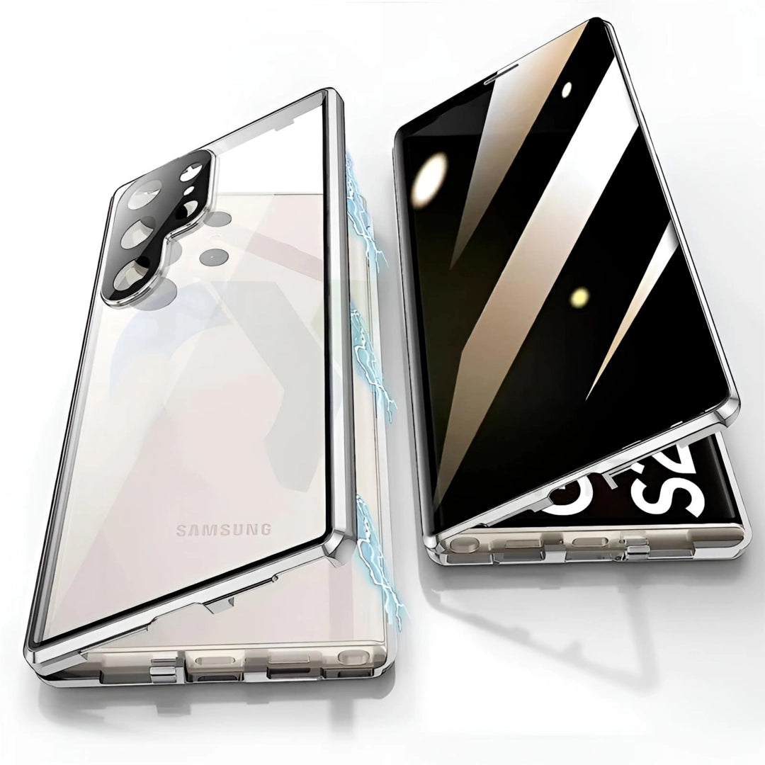 Transparent Galaxy Guard phone case with magnetic closure and privacy screen for Samsung Galaxy S24 Ultra.