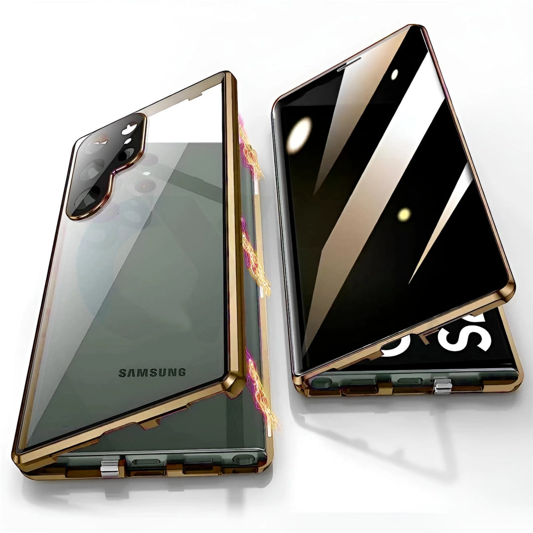 Gold Galaxy Guard phone case with anti-scratch tempered glass and magnetic closure for Samsung Galaxy S24 Ultra.