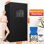 Portable steam sauna kit details including washable sweat pad, PVC connectors, and a chair supporting up to 150kg.