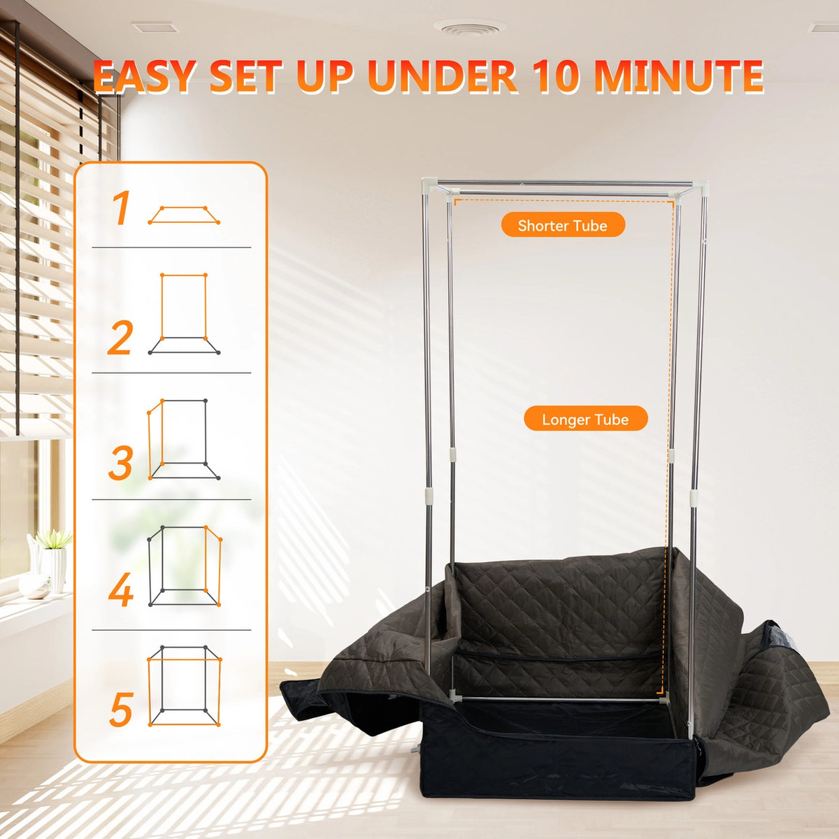 Easy-to-assemble portable sauna with a 5-step setup process, featuring a sturdy frame and insulated cover.