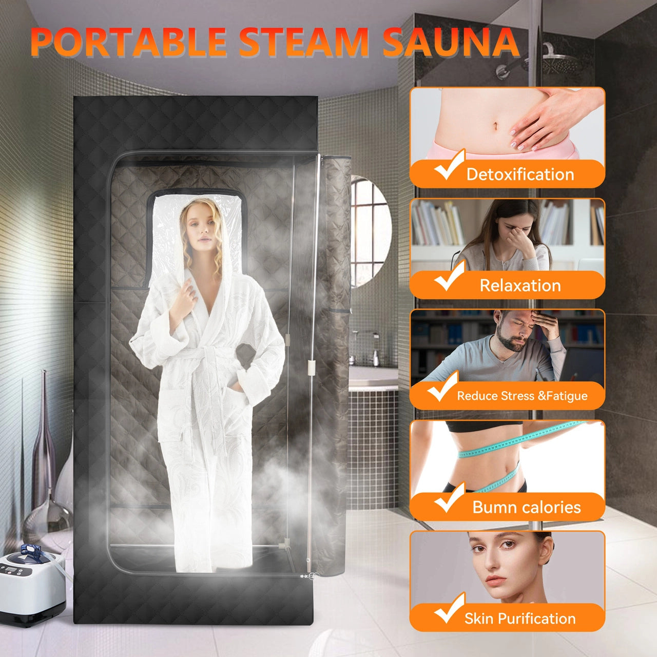 Steam sauna promoting detoxification, relaxation, stress reduction, calorie burning, and skin purification in a home setting.