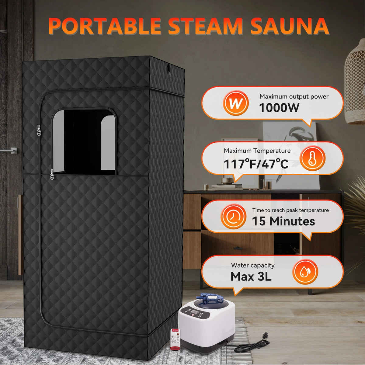 Portable steam sauna with 1000W power, 3L capacity, and 15-minute heating time, ideal for in-home spa use.