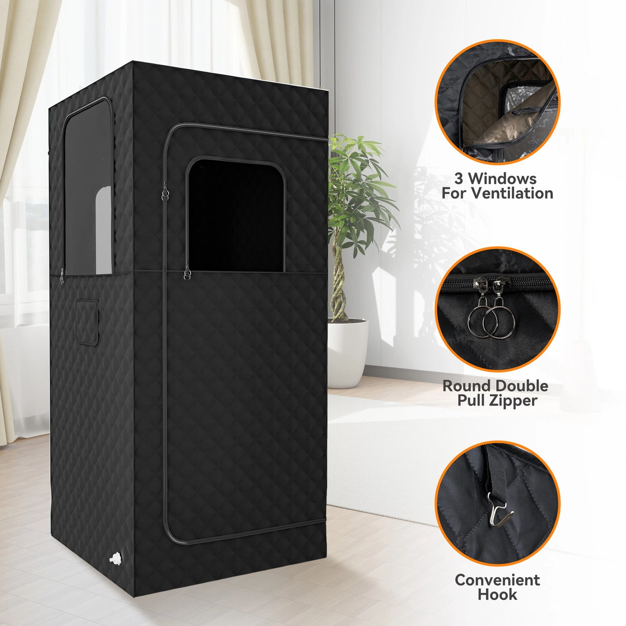 Black portable sauna with 3 ventilation windows, double pull zipper, and convenient hook for easy use and setup.