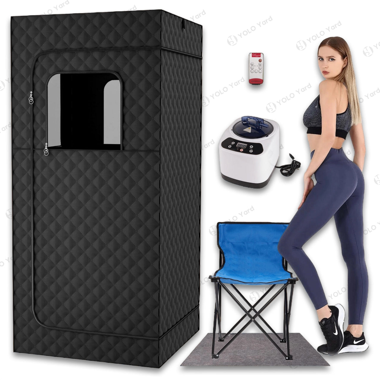 Stainless steel portable steam sauna with black quilted design, 3L steamer, folding chair, anti-slip mat, and remote control.