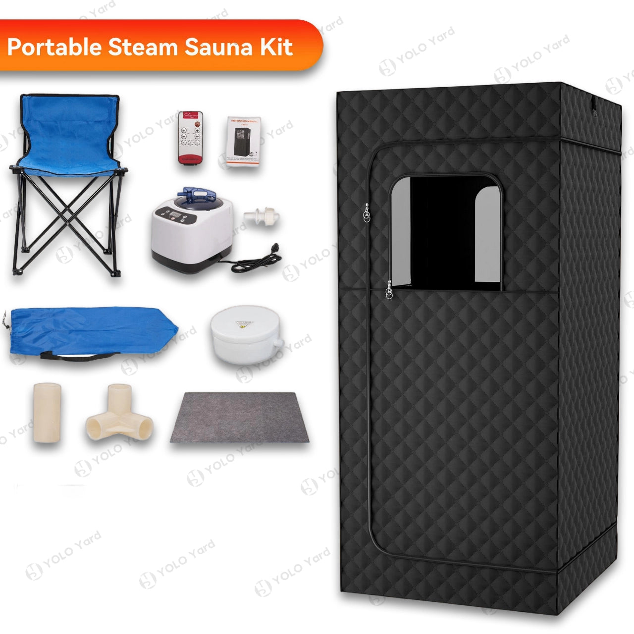 Stainless steel portable sauna box with 3L steamer, folding chair, anti-slip mat, and accessories for in-home spa use.