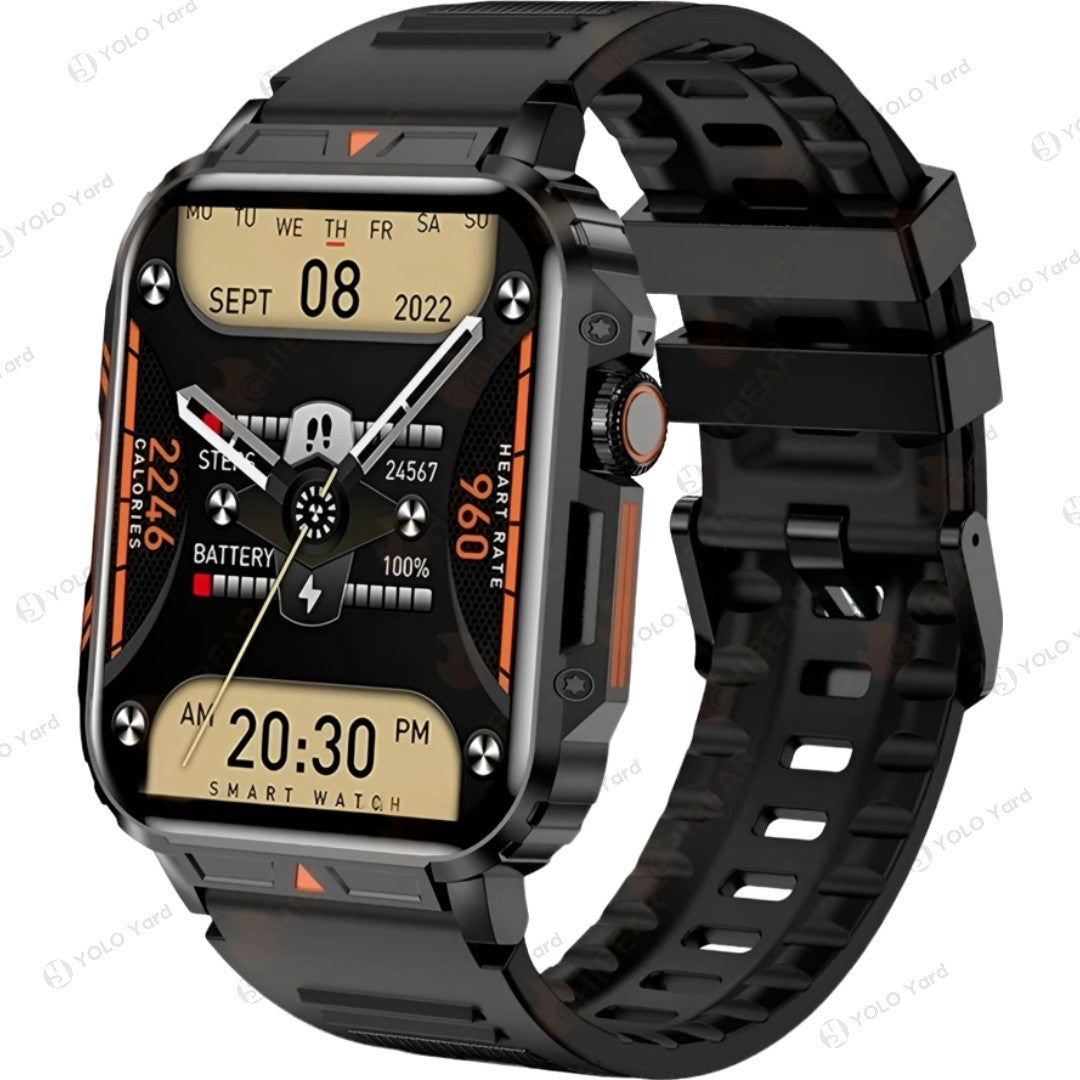 Black smart watch with 1.95-inch display, showcasing a detailed interface with date, time, heart rate, and battery status.