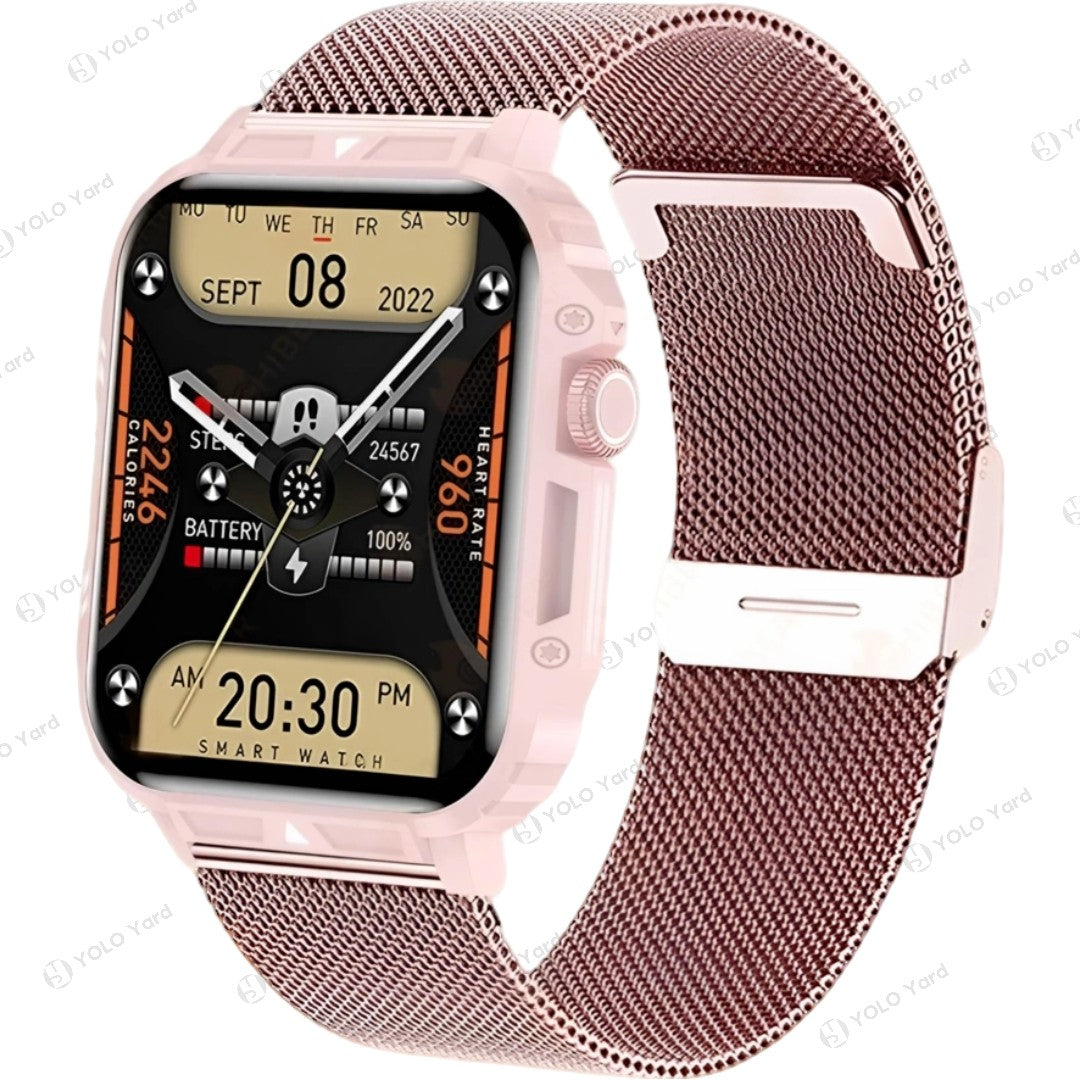 Rose gold smart watch with 1.95-inch display and mesh strap, offering health tracking and customizable watch faces.