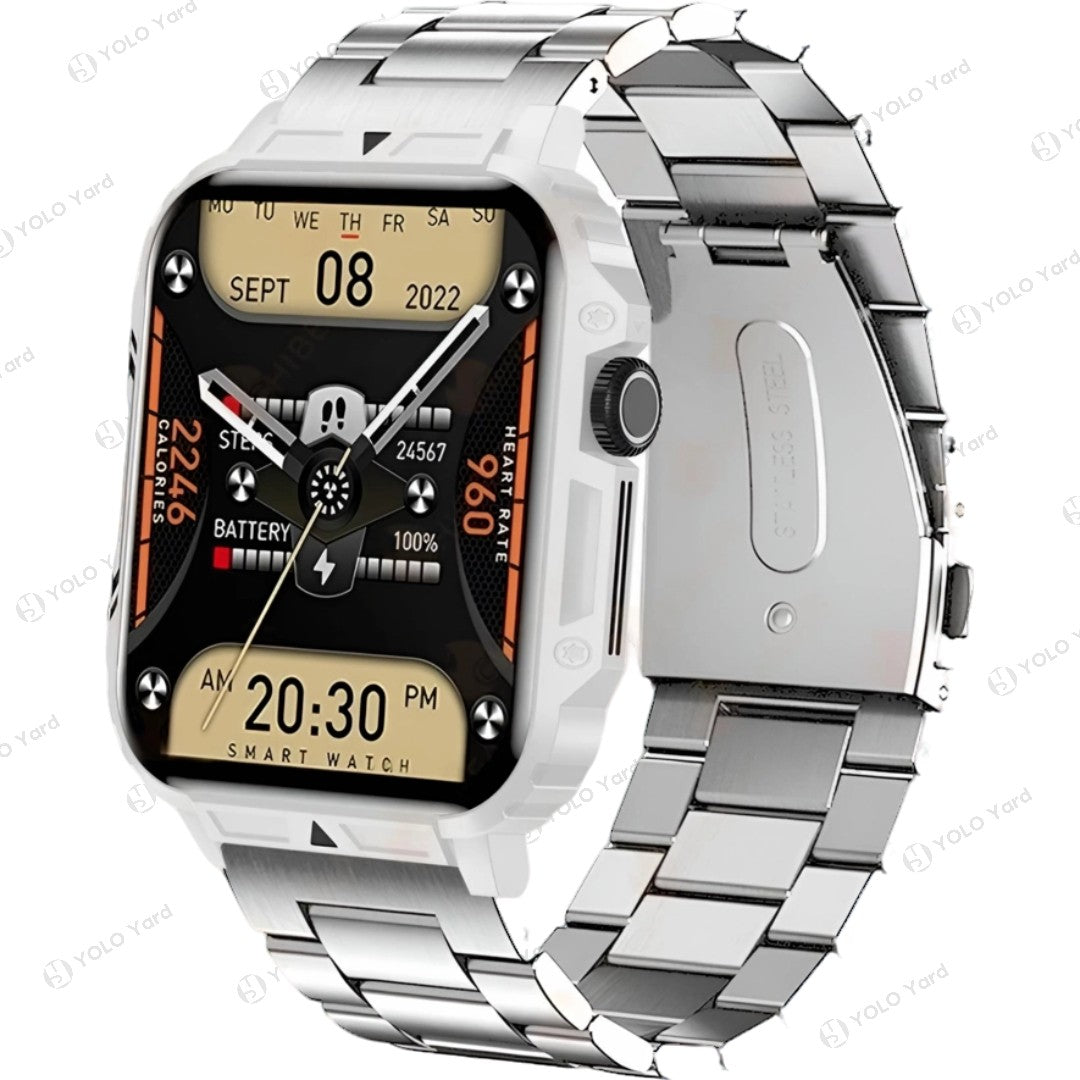 Silver smart watch with 1.95-inch display and metal strap, featuring a sleek design and multifunctional health tracking interface.