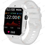 White smart watch with 1.95-inch display and silicone strap, featuring health monitoring and activity tracking capabilities.