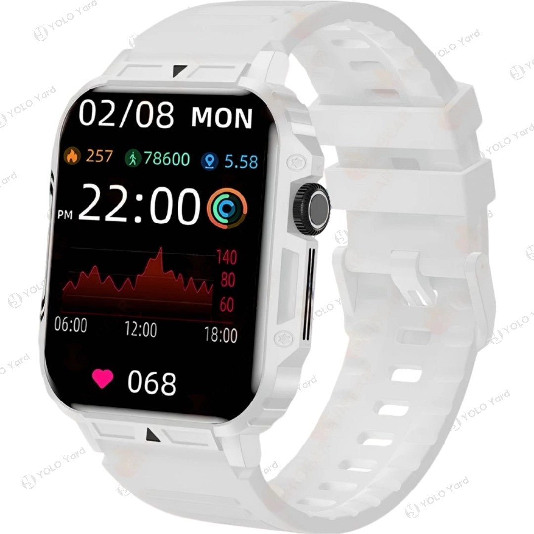 White smart watch with 1.95-inch display and silicone strap, featuring health monitoring and activity tracking capabilities.