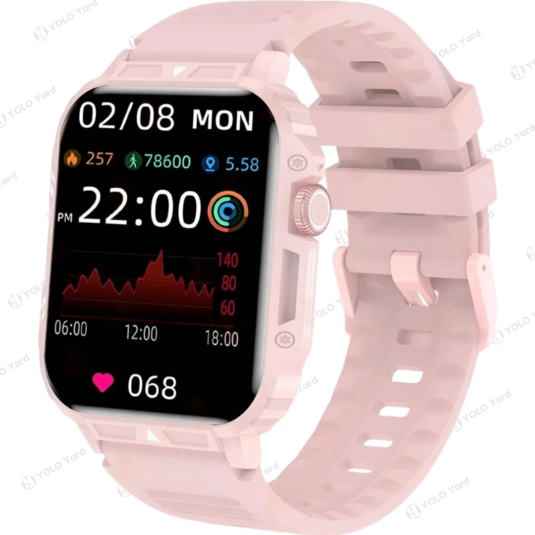 Pink smart watch with 1.95-inch display and silicone strap, showcasing health monitoring features like heart rate and activity tracking.